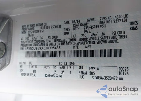 2014 Ford Escape Titanium from USA, damaged, VIN 1FMCU9J9XEUD05438